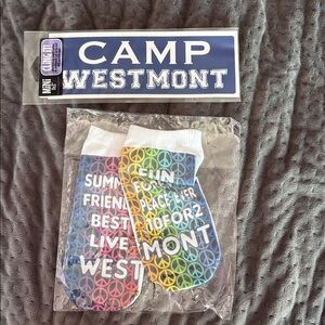 Colorful Camp Westmont Socks and window cling